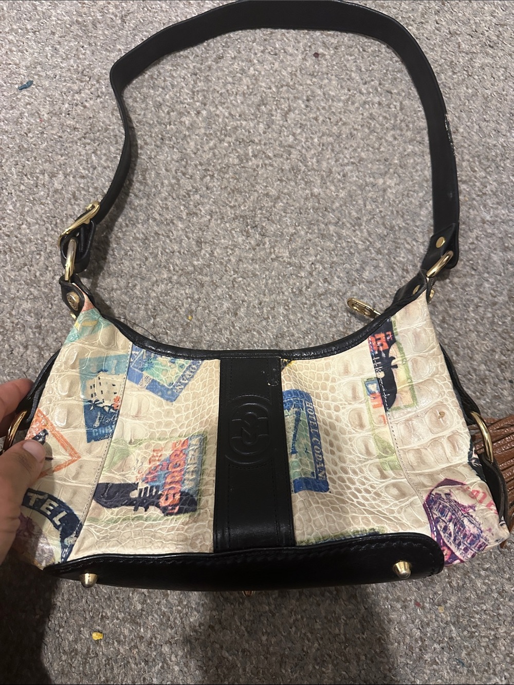 Marino Orlandi Cream Multicolor Printed Shoulder Bag with Black Trim